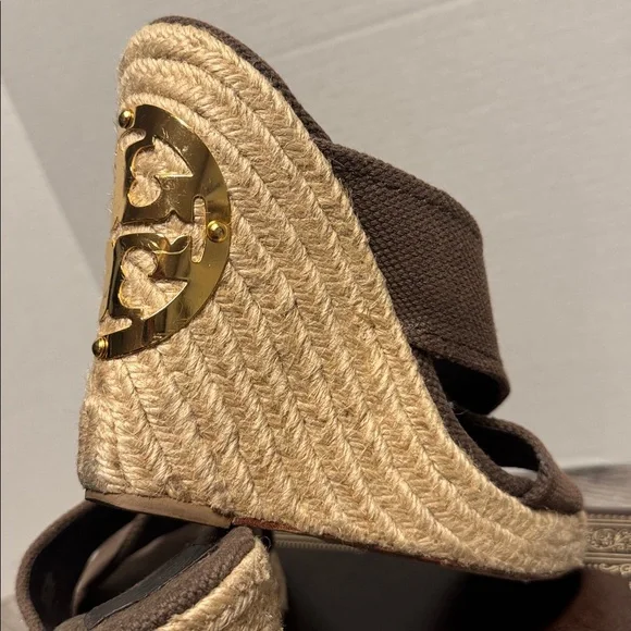 Tory Burch Dark Brown Espadrille Wedge Sandals with Gold Logo - Picture 3 of 5
